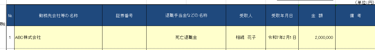 死亡退職金の入力画面